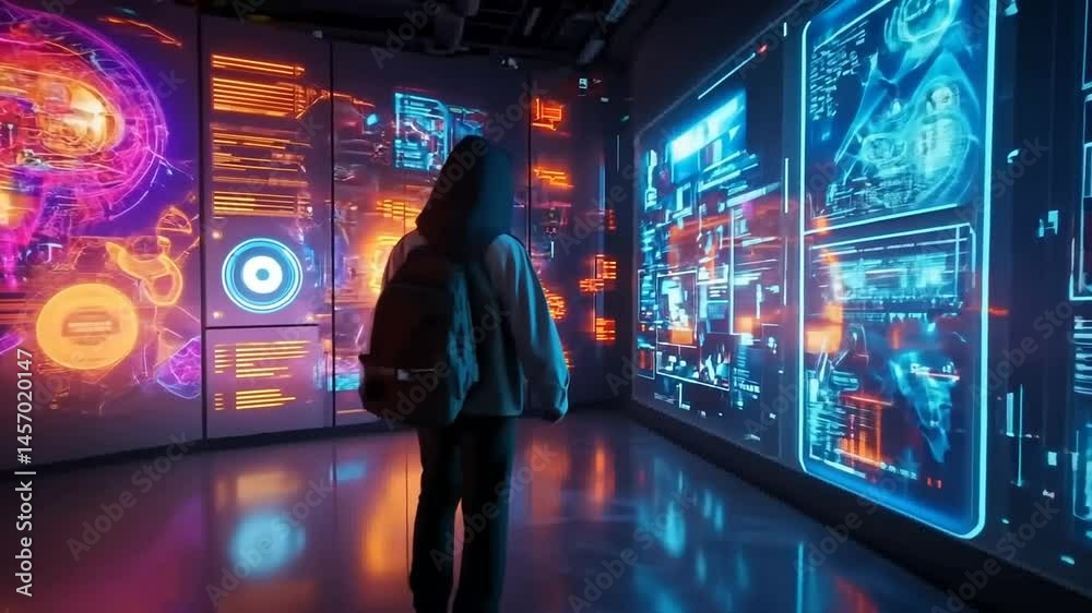 Person observing digital displays in futuristic room Person observing digital displays in futuristic room