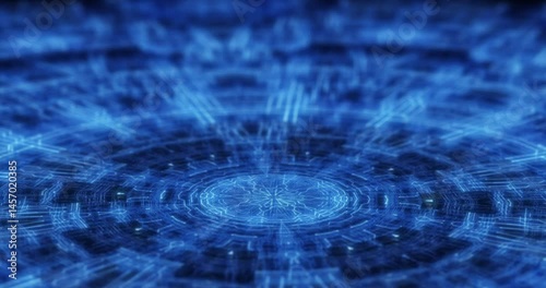 Abstract digital blue circles with lines form a cyber circuit for data flow in a technological network. Seamless loop. 3D render
