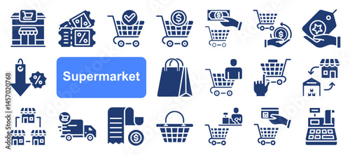 Supermarket icon collection set. Containing trolley, basket, grocery store, grocerant, cashier, self service, consumer icon. Simple flat vector.