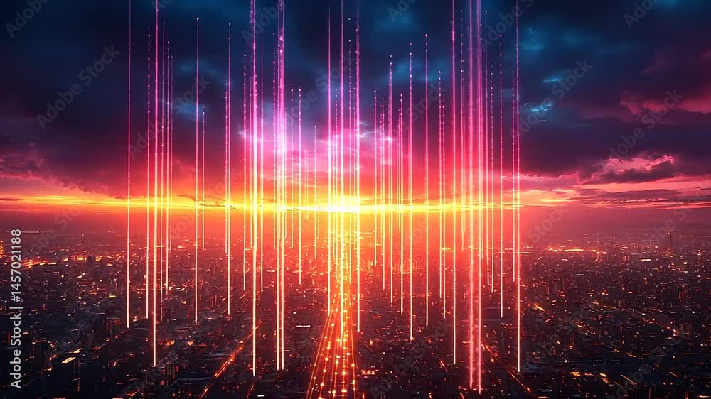 Cityscape at twilight, illuminated by digital energy lines
