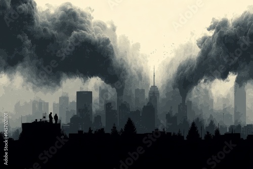 Cityscape silhouette under smoke filled sky with birds and two figures on rooftop observes urban sprawl and environmental issues.