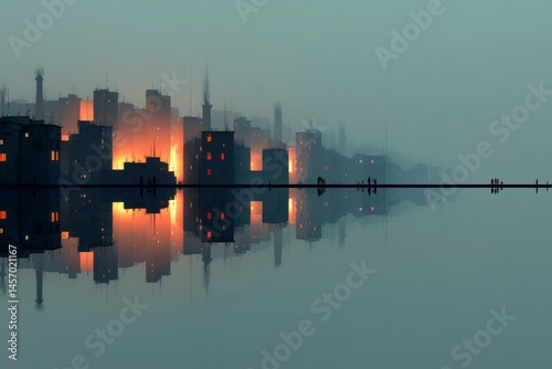 Industrial cityscape reflected in still water, featuring stylized buildings, smoky haze, and distant silhouettes of people