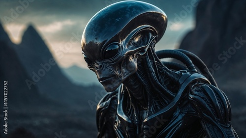 Fantasy portrait of alien on a dark futuristic landscape background