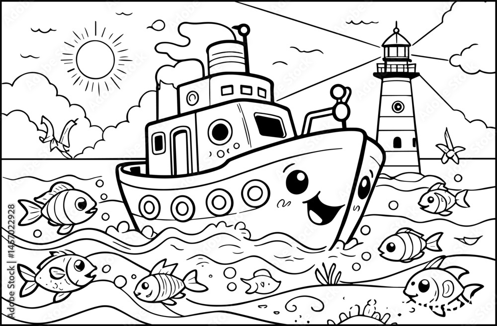 Cute Boat line art illustration for a children's coloring book