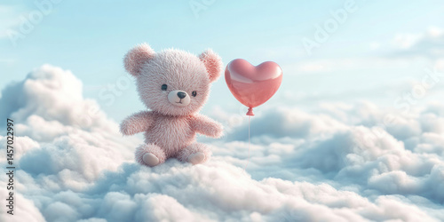 Adorable Teddy Bear with Heart Balloon in the Clouds
