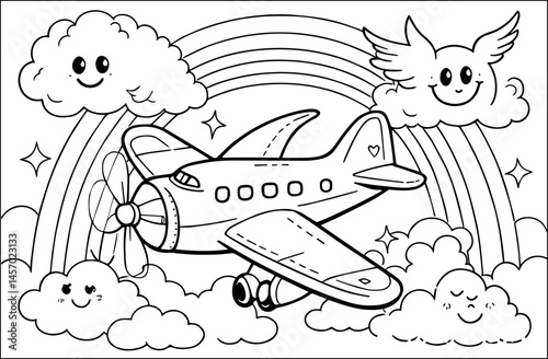 Cute Airplane line art illustration for a children's coloring book