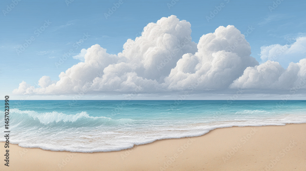 Fototapeta premium Serene beach landscape with gentle waves and fluffy clouds 