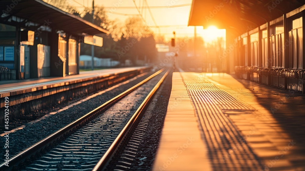 Naklejka premium Train platform morning, realistic, cinematic light, sharp focus.