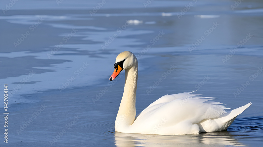 Obraz premium Whooper swan (Cygnus Cygnus) swimming in icy lake in the spring in Finland.