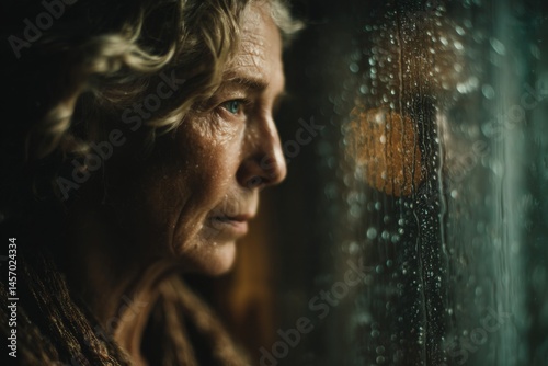 Pensive older woman gazes through window covered in raindrops, contemplative solitude, natural light, weathered skin, blonde hair.