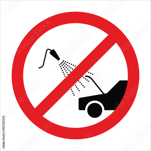 Prohibition sign with red circle and diagonal bar, forbidding washing car engine compartment with water jet