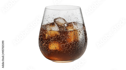 Refreshing brown fizzy soda beverage filled with clear ice cubes in a transparent glass, isolated on a black background, PNG image, PNG file.