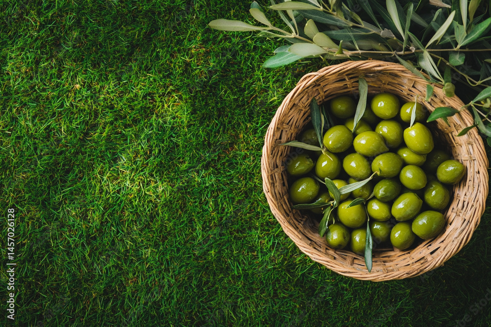 Basket Filled With Fresh Green Olives Resting on Vibrant Grass in a Natural Setting
