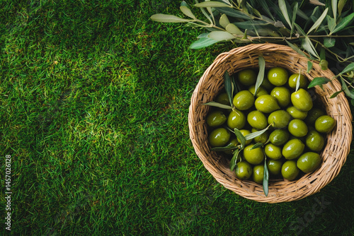 Obraz na płótnie Basket Filled With Fresh Green Olives Resting on Vibrant Grass in a Natural Setting w salonie