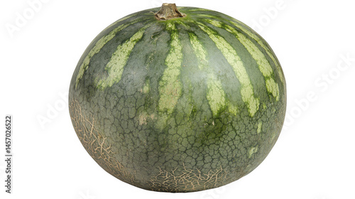 Fresh whole watermelon with green rind and textured surface, showing natural imperfections and vibrant colors on a transparent background, PNG image, PNG file.