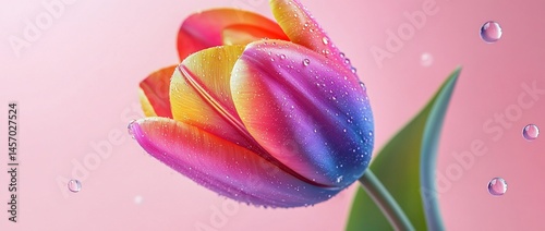 Vibrant rainbow tulip with dew drops on a pink background.