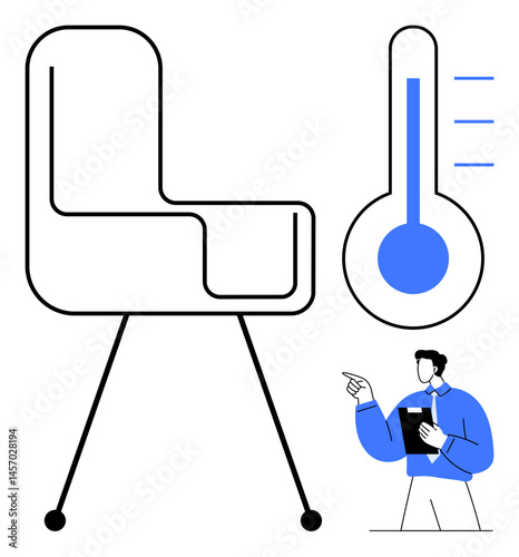 Office chair outlined near thermometer showing temperature and person holding clipboard. Ideal for workspace, comfort, ergonomics, environment, monitoring, wellness, productivity. Flat simple