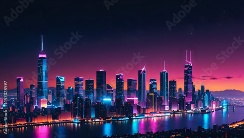 Neon Glowing City Skyline at Night, Synthwave Aesthetic, Retro 80s Style