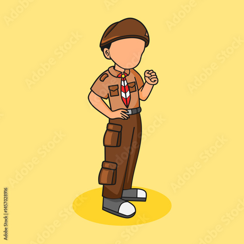 Cheerful Indonesian scout boy vector with yellow background in flat cartoon style