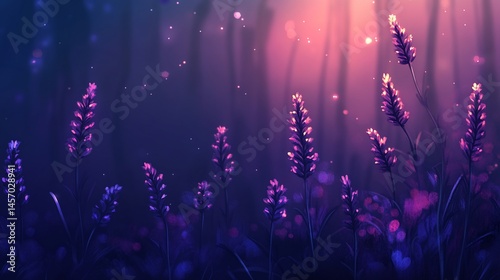 Magical lavender field at sunset, glowing purple flowers in dark forest.