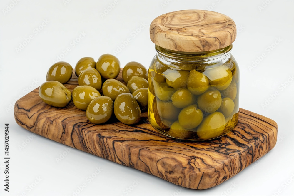 Homemade Olive Oil in a Glass Jar With Green Olives on an Olive Wood Cutting Board