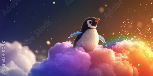 Penguin on Colorful Clouds Dreamy Fantasy Art