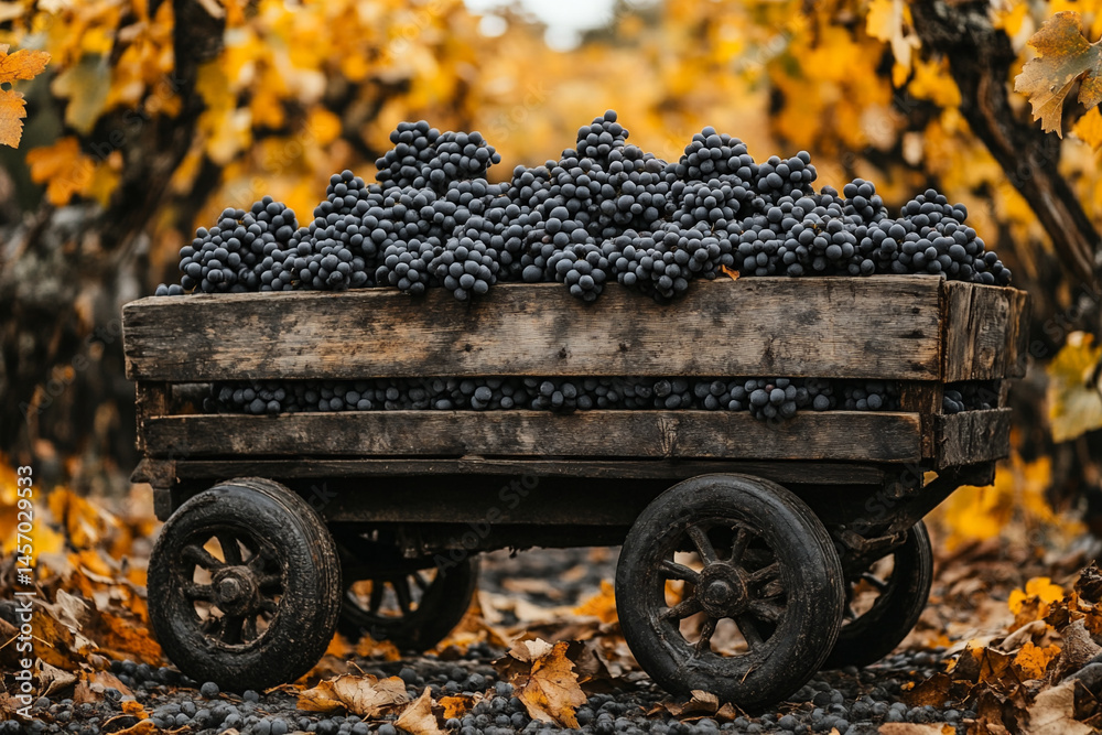 Horse-drawn Cart Filled With Grapes in Vineyard Surrounded by Autumn Foliage During Harvest Season