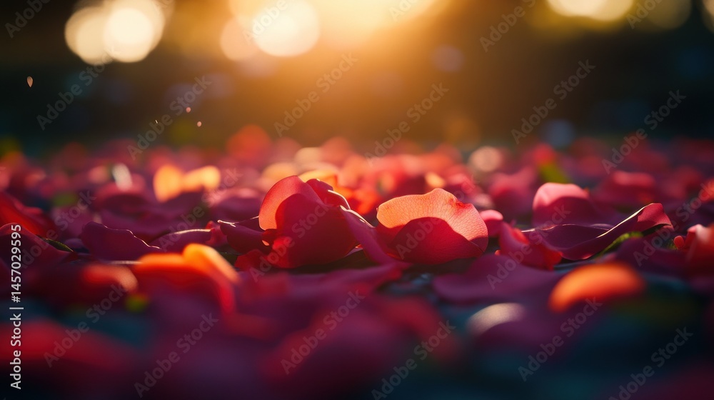 Red rose petals on the ground bathed in golden light Red rose petals on the ground bathed in golden light