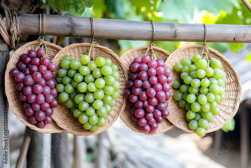 Obraz na płótnie Handwoven Grape Baskets Showcasing a Colorful Selection of Green and Red Grapes in a Rustic Setting w salonie