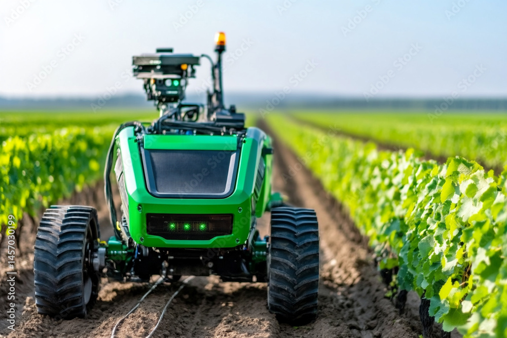Automated Grape Harvesting Machine Operates in Vineyard During Sunny Day