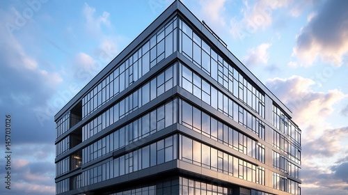 Fototapeta Naklejka Na Ścianę i Meble -  3D rendering of a high-rise building corner sleek dark steel window system glass reflecting clouds sharp futuristic perspective.  