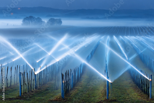 Obraz na płótnie Smart Irrigation Systems Optimize Water Use in a Vineyard at Dawn Under a Misty Sky w salonie