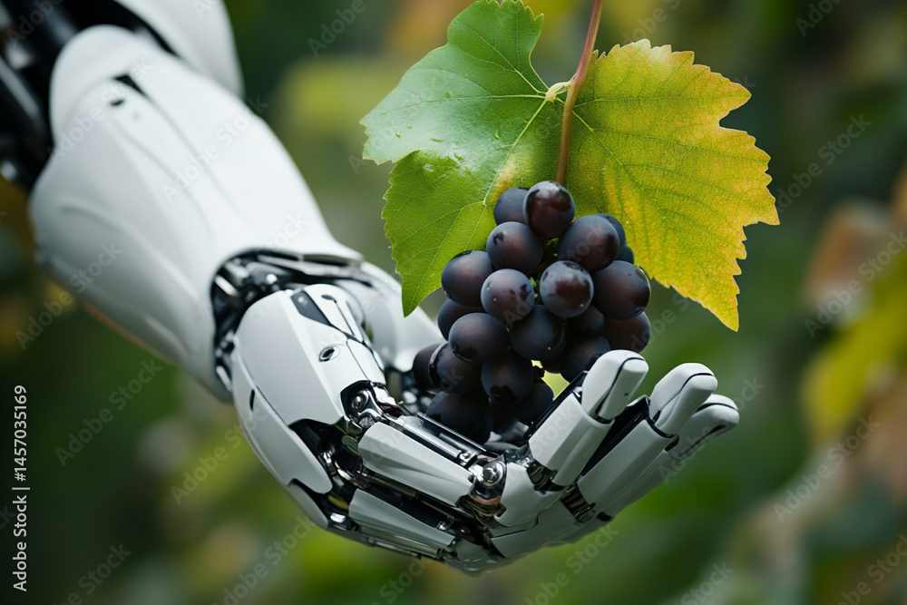 Precision Grape-Picking by a Robotic Hand Showcasing Advanced Agricultural Technology in a Vineyard