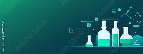 Green liquid in glass laboratory flasks and beakers on a dark green background with data charts.