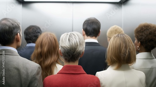 Group of standing office workers from behind inside an elevator