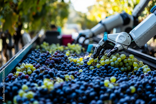 Obraz na płótnie Robotic Arms Carefully Sort and Harvest Grapes in a Vineyard During the Harvest Season w salonie