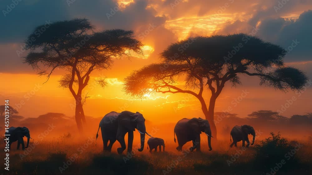 A group of elephants are walking through a field with the sun setting in the background. The scene is peaceful and serene, with the elephants moving together in a line