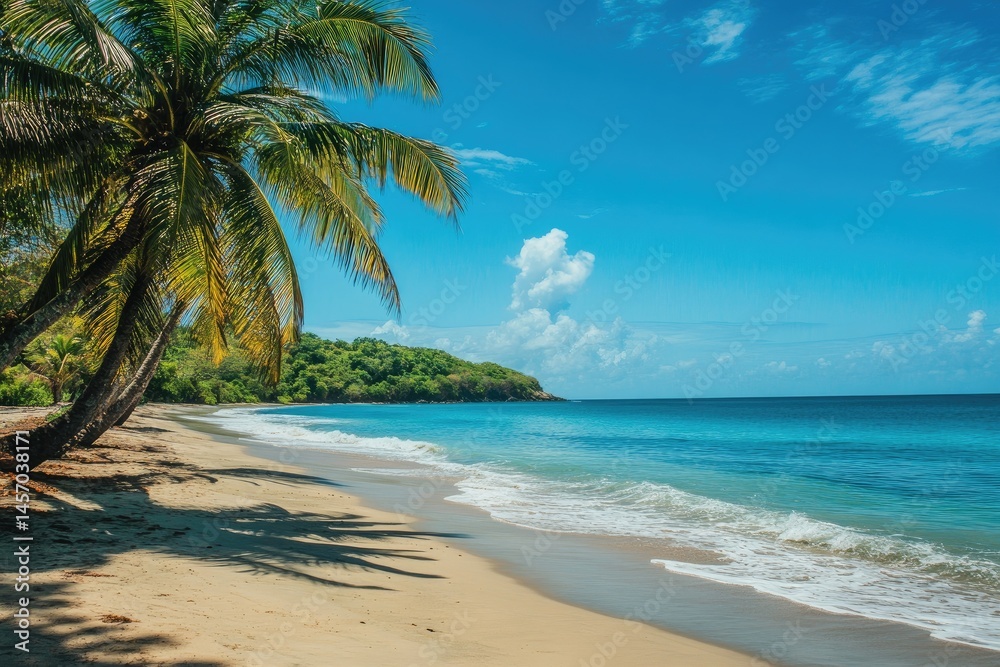 Tropical beach scene with palm trees. Tranquil, sunny beach, turquoise water, lush green foliage, gentle waves lapping at the shore, bright blue sky with fluffy clouds Tropical beach scene with palm trees. Tranquil, sunny beach, turquoise water, lush green foliage, gentle waves lapping at the shore, bright blue sky with fluffy clouds
