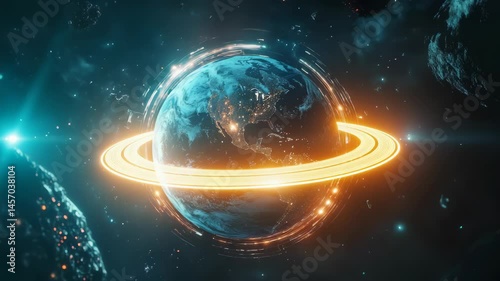 A blue planet with a red and orange glow surrounding it. The planet is surrounded by a ring of stars and a few other planets