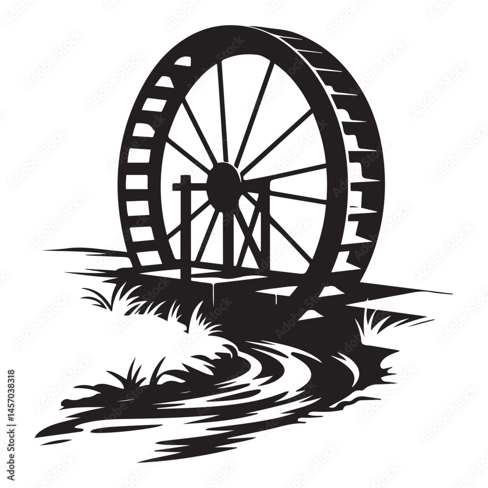Fototapeta premium waterwheel Vector Black silhouettes. with white background