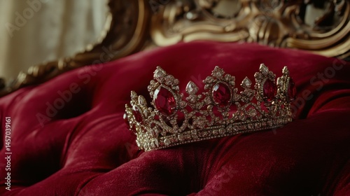 A luxurious bejeweled crown resting on a plush red cushion
