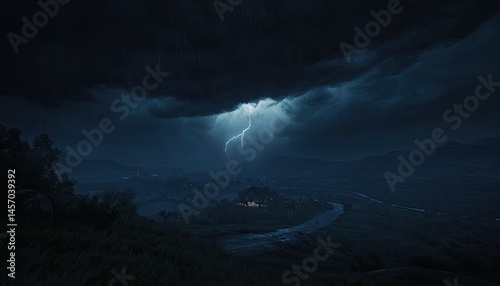 A stormy sky with swirling dark clouds, with flashes of lightning illuminating the landscape. The dark clouds swirl ominously, with occasional bursts of lightning lighting up the landscape below. 