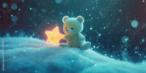 Adorable Teddy Bear  Glowing Star in Winter Wonderland