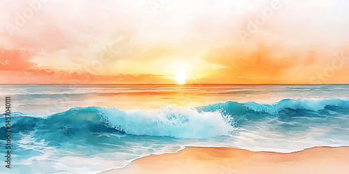 Serene Ocean Sunset A Watercolor Beach Scene