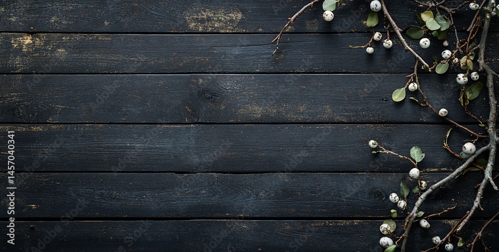 Fototapeta premium Dark wooden background with branches and berries.