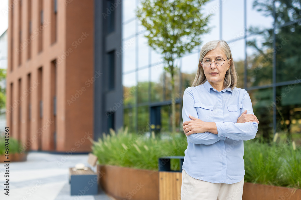 A mature businesswoman stands with her arms crossed outside an office building, looking determined. She is wearing glasses and a light blue shirt.