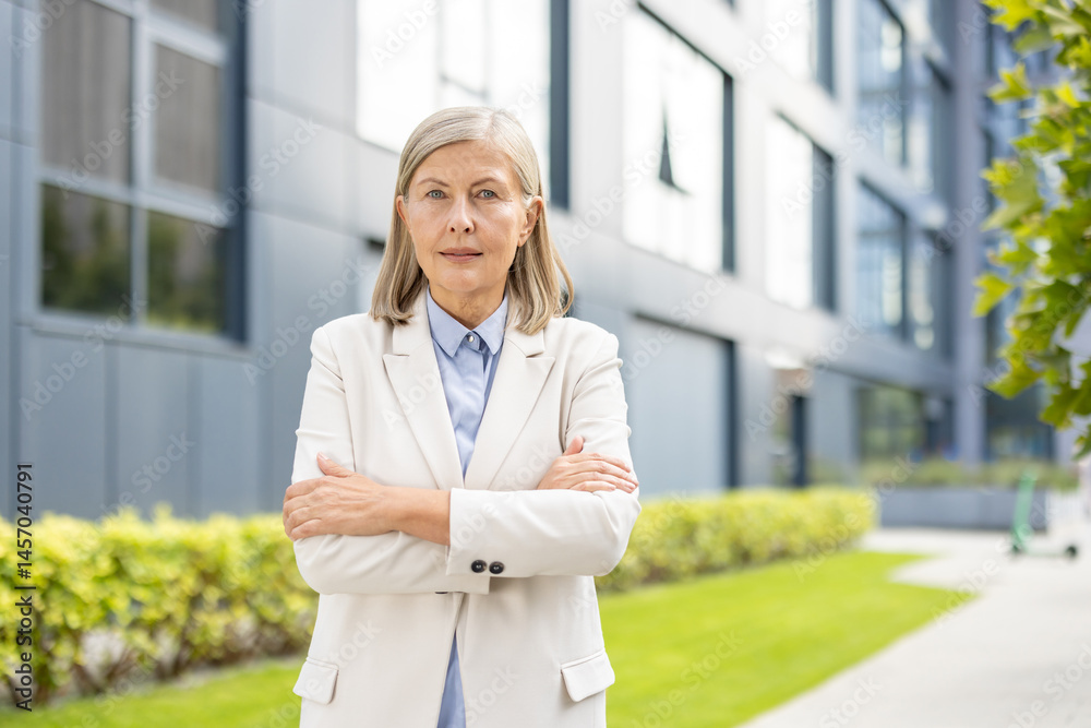 An elegant senior businesswoman stands confidently with arms crossed outdoors near a modern building. She wears a formal outfit.