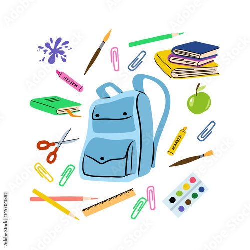Flat vector illustration of a central blue school backpack surrounded by colorful school supplies like pencils, pens, rulers, books, compass, set square, protractor, and paint, isolated on a white 