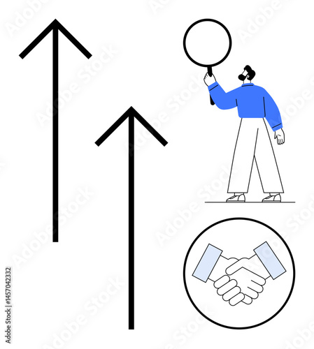 Man analyzing details with magnifying glass, two upward arrows, handshake circle. Ideal for teamwork, business growth, research, collaboration, strategy, partnerships simple landing page