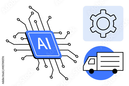 Blue AI chip with circuits, gear for system automation, delivery truck for logistics. Ideal for AI, automation, logistics, technology, transportation, innovation simple landing page
